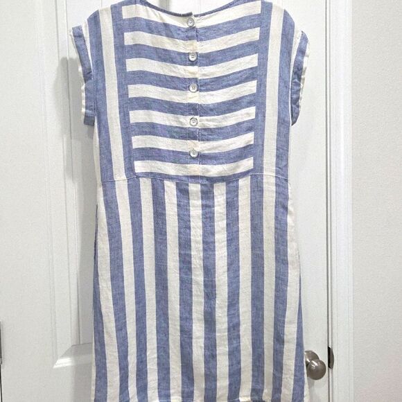 Caslon Dress Womens X Blue/White Striped  Linen Shift Short Sleeves Pockets Mini - Picture 5 of 6